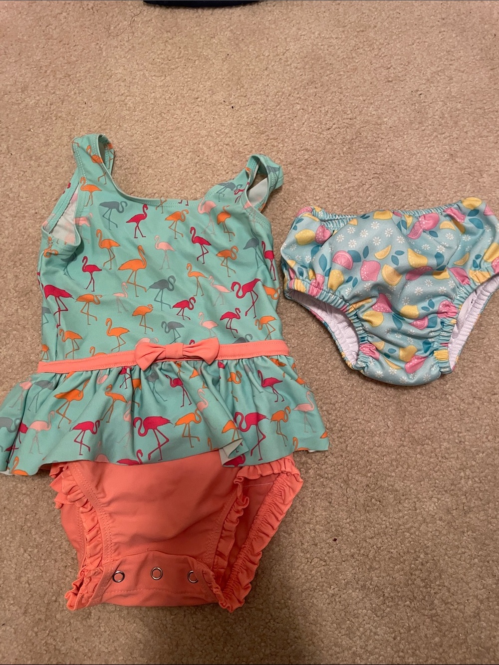 Ruffle Butts Girls' Flamingo Ruffle Swimsuit and 12m green sprouts swim diaper